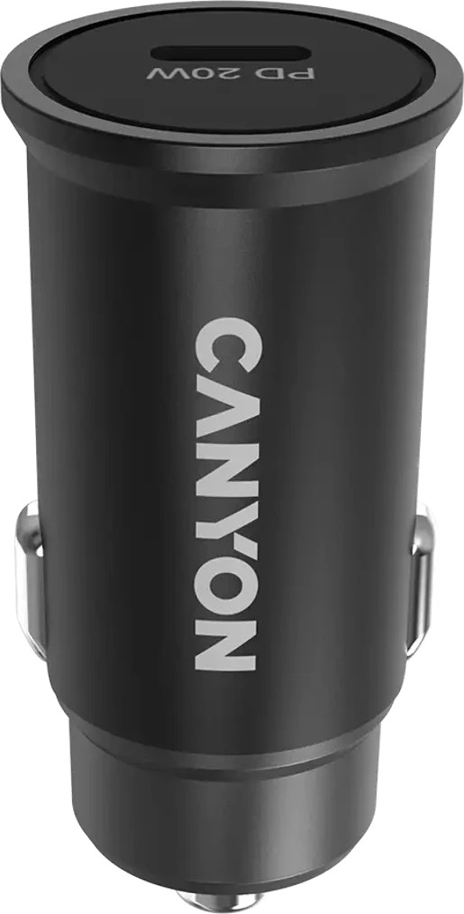 Автомобильное зарядное устройство Canyon C-20, PD 20W Pocket size car charger, input: DC12V-24V, output: PD20W, support iPhone12 PD fast charging, Compliant with CE RoHs , Size: 50.6*23.4*23.4, 18g, Black — 2