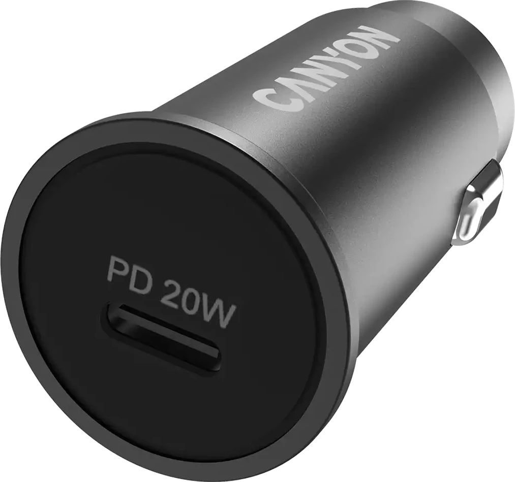 Автомобильное зарядное устройство Canyon C-20, PD 20W Pocket size car charger, input: DC12V-24V, output: PD20W, support iPhone12 PD fast charging, Compliant with CE RoHs , Size: 50.6*23.4*23.4, 18g, Black — 4