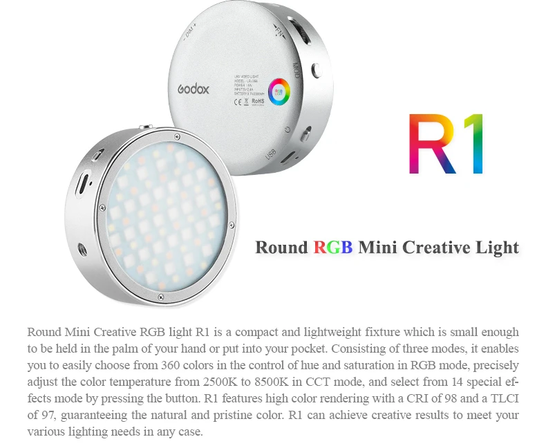 Осветитель светодиодный Godox R1 mini RGB Silver