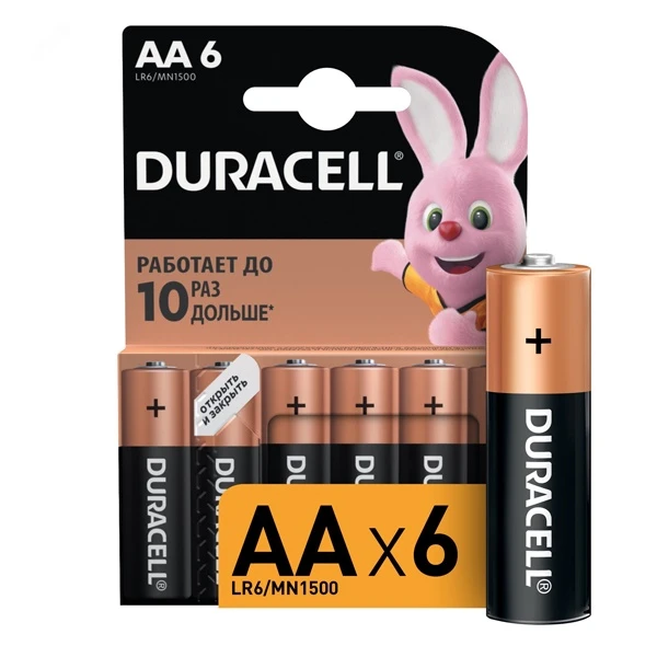 Батарейка Duracell Basic AA LR6/MN1500, 1.5V, Alkaline, в блоке 6шт.