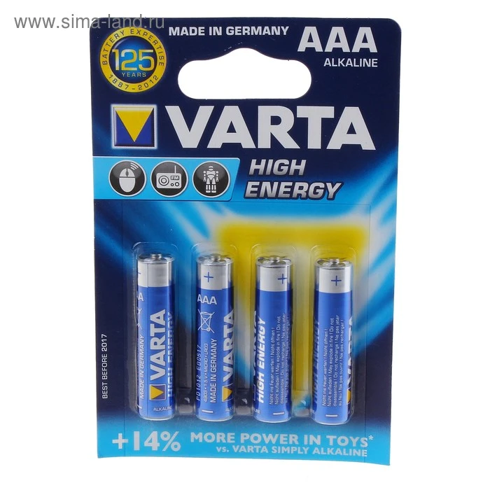 Батарейка Varta AAA LR03 High Energy, 1.5V, Alkaline, в блоке 4шт.(4903)