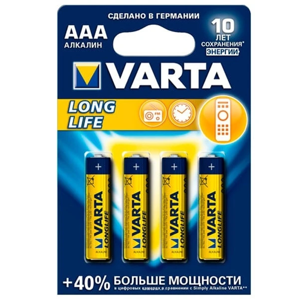 Батарейка Varta AAA LR03 Longlife Extra, 1.5V, в блоке 4шт.(4103)
