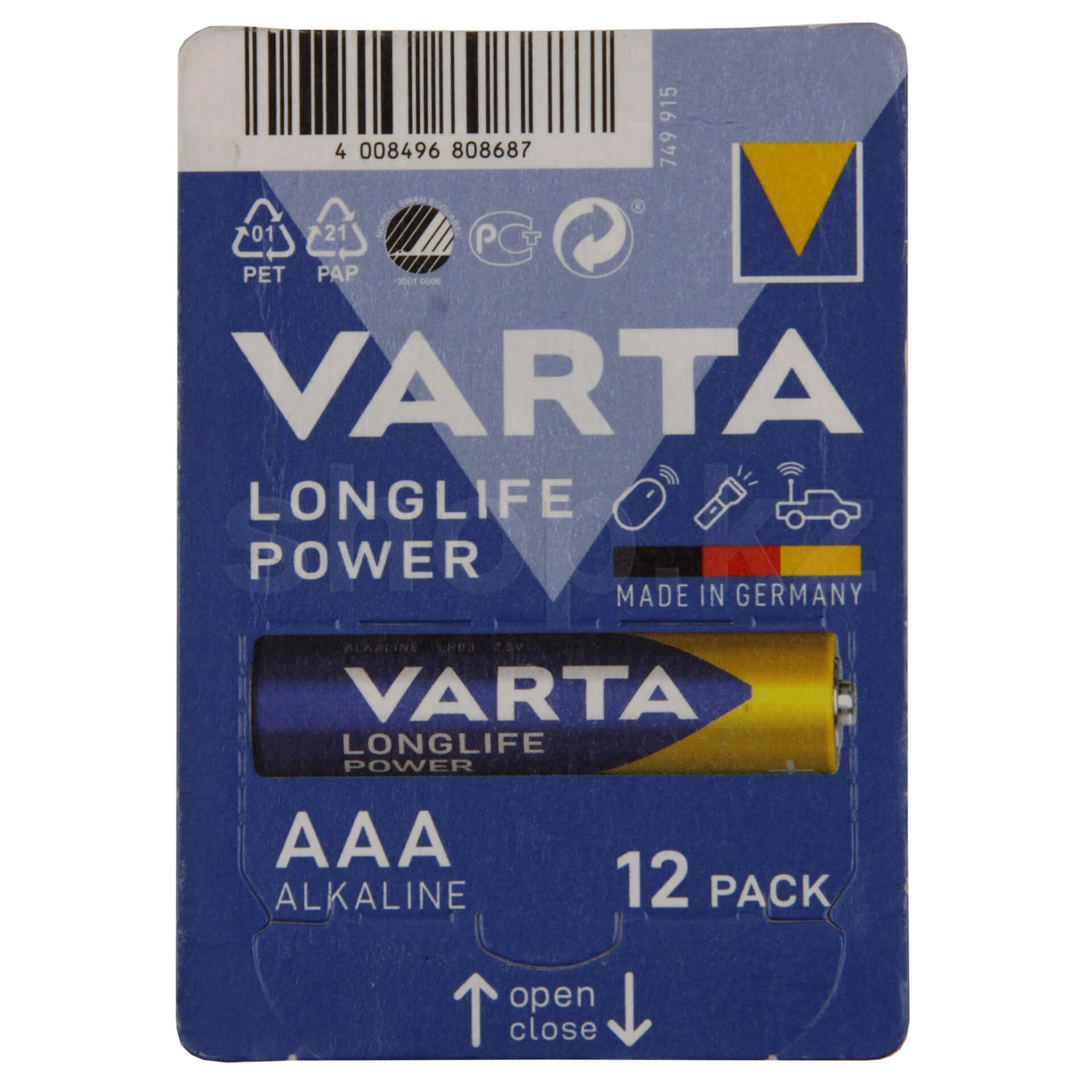 Батарейка Varta AAA LR03 Longlife Power, 1.5V, Alkaline, в блоке 12шт.