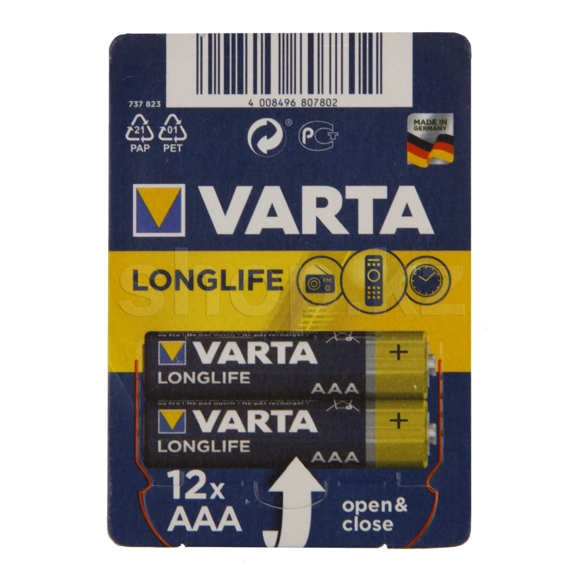 Батарейка Varta AAA LR03 Longlife, 1.5V, Alkaline, в блоке 12шт.