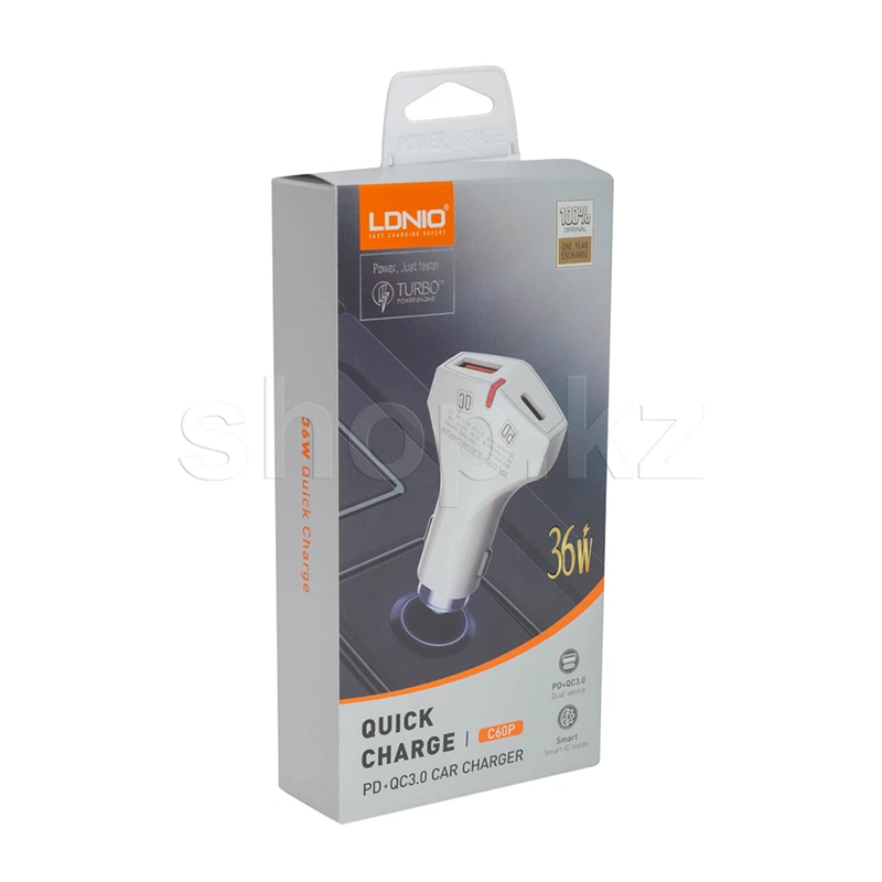 Зарядное устройство LDNIO C60P, автомобиль, для USB-устройств, кабель USB Type-C, White — 2