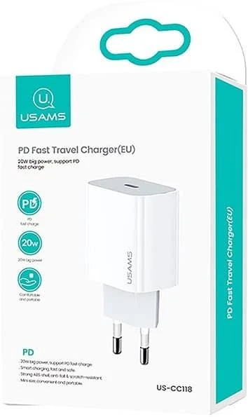 Зарядное устройство Usams US-CC118, сеть, для USB-устройств, 3A, 20W, 1xUSB-C, White