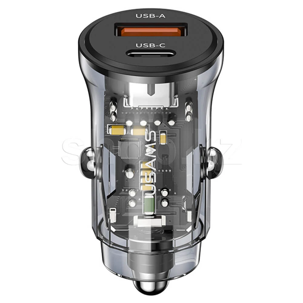 Зарядное устройство Usams US-CC164, автомобиль, для USB-устройств, 1.5-3A, 30W, 1xUSB,1xUSB-C, Black