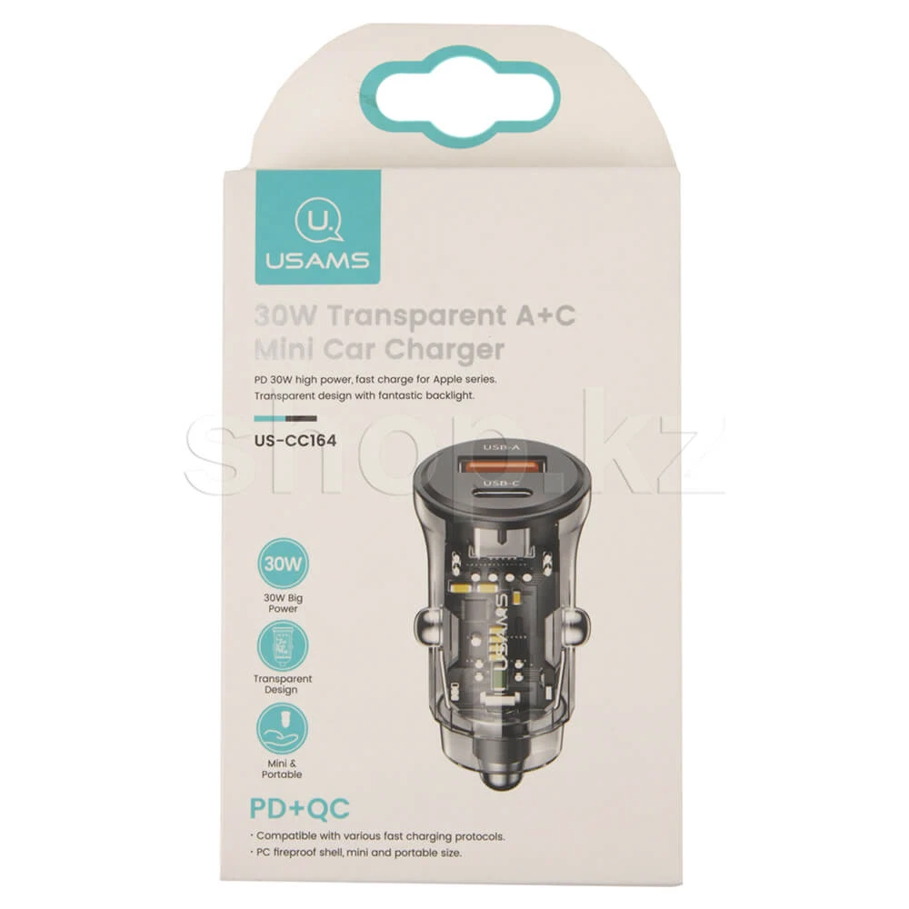 Зарядное устройство Usams US-CC164, автомобиль, для USB-устройств, 1.5-3A, 30W, 1xUSB,1xUSB-C, Black — 2