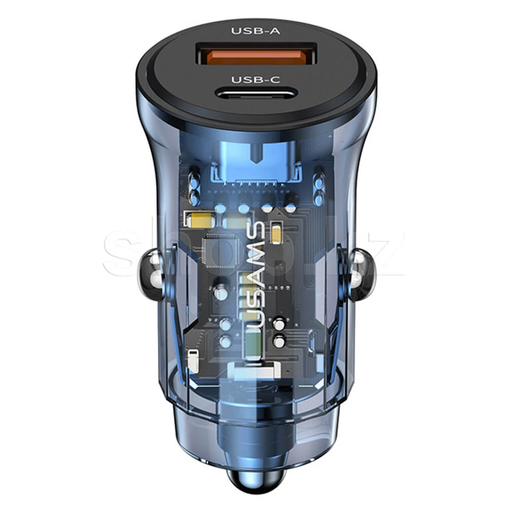 Зарядное устройство Usams US-CC164, автомобиль, для USB-устройств, 1.5-3A, 30W, 1xUSB,1xUSB-C, Blue