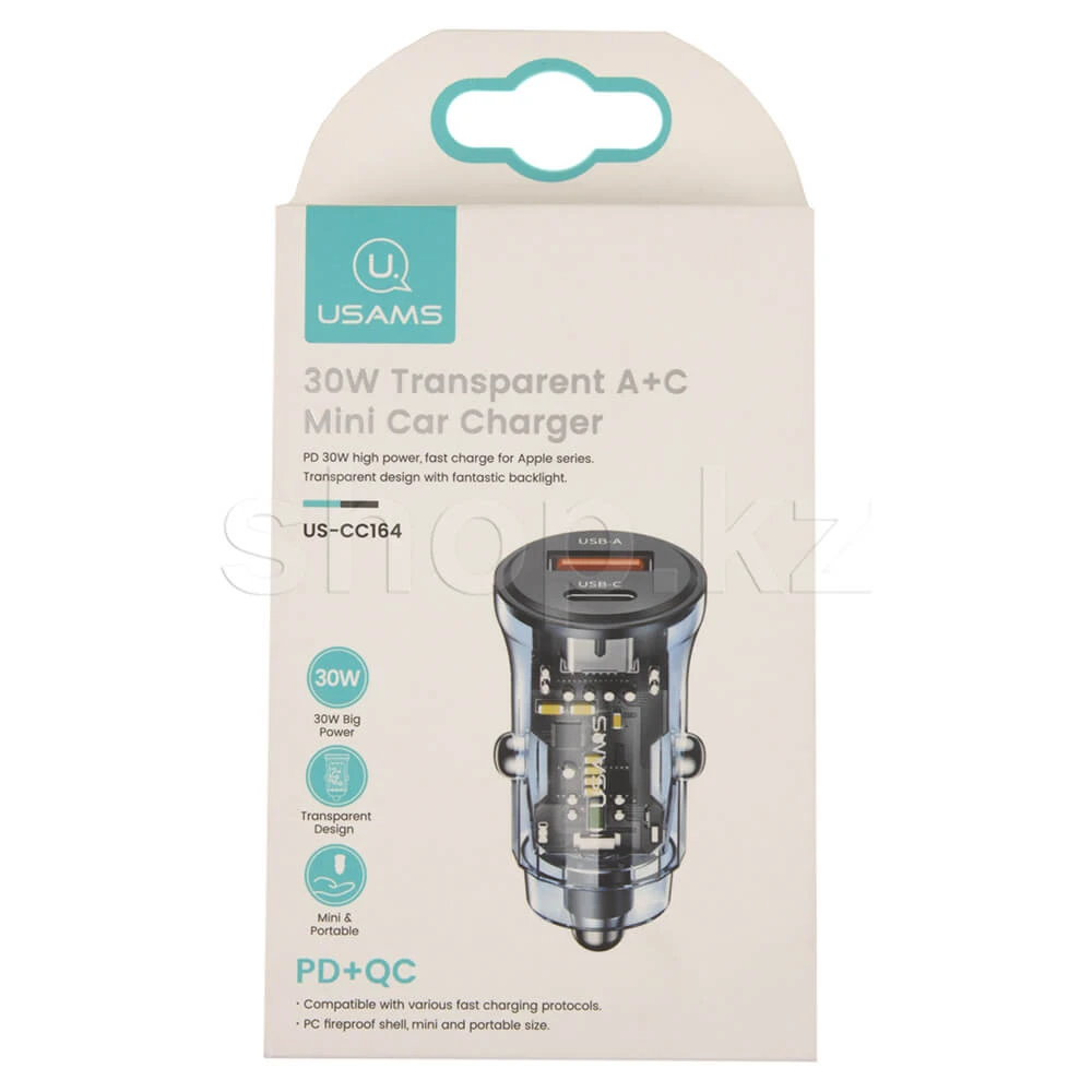 Зарядное устройство Usams US-CC164, автомобиль, для USB-устройств, 1.5-3A, 30W, 1xUSB,1xUSB-C, Blue — 2