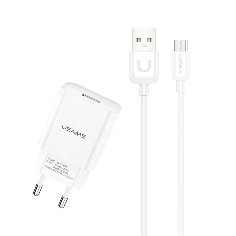 Зарядное устройство Usams для зарядки Micro USB устройств, сеть, 2.1A, White
