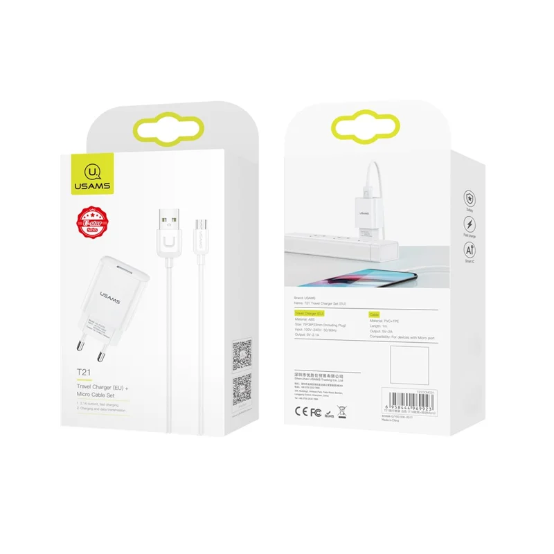 Зарядное устройство Usams для зарядки Micro USB устройств, сеть, 2.1A, White — 2