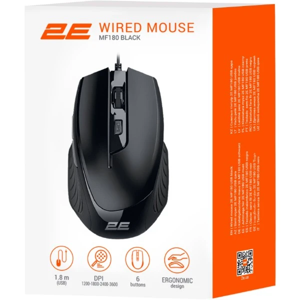 Мышь 2E MF180, Black, Wired, Optical, 3200dpi, USB — 3