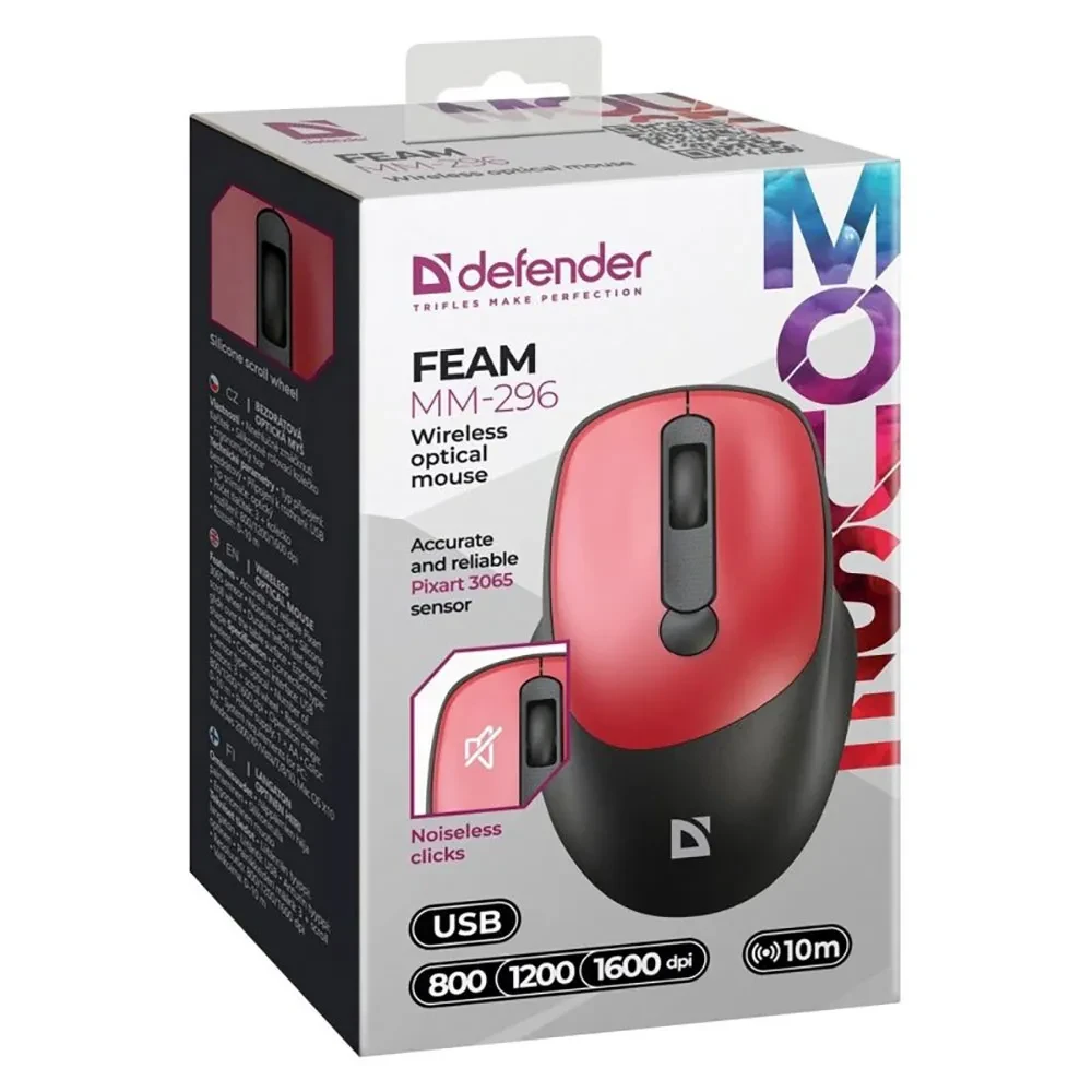 Мышь Defender Feam MM-296, Red, Wireless, Optical, 1600dpi, 1 x AA, USB — 2