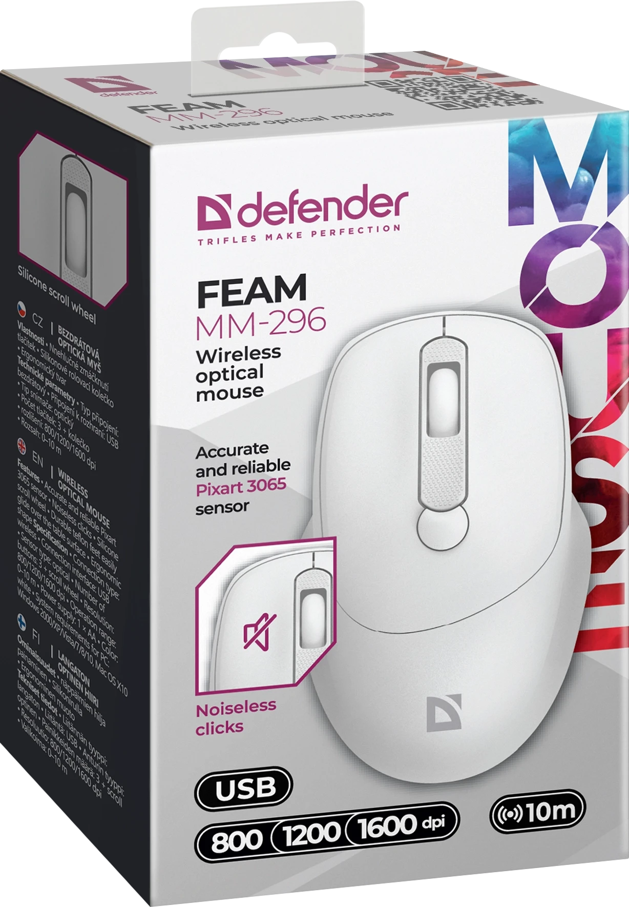 Мышь Defender Feam MM-296, White, Wireless, Optical, 1600dpi, 1 x AA, USB — 3