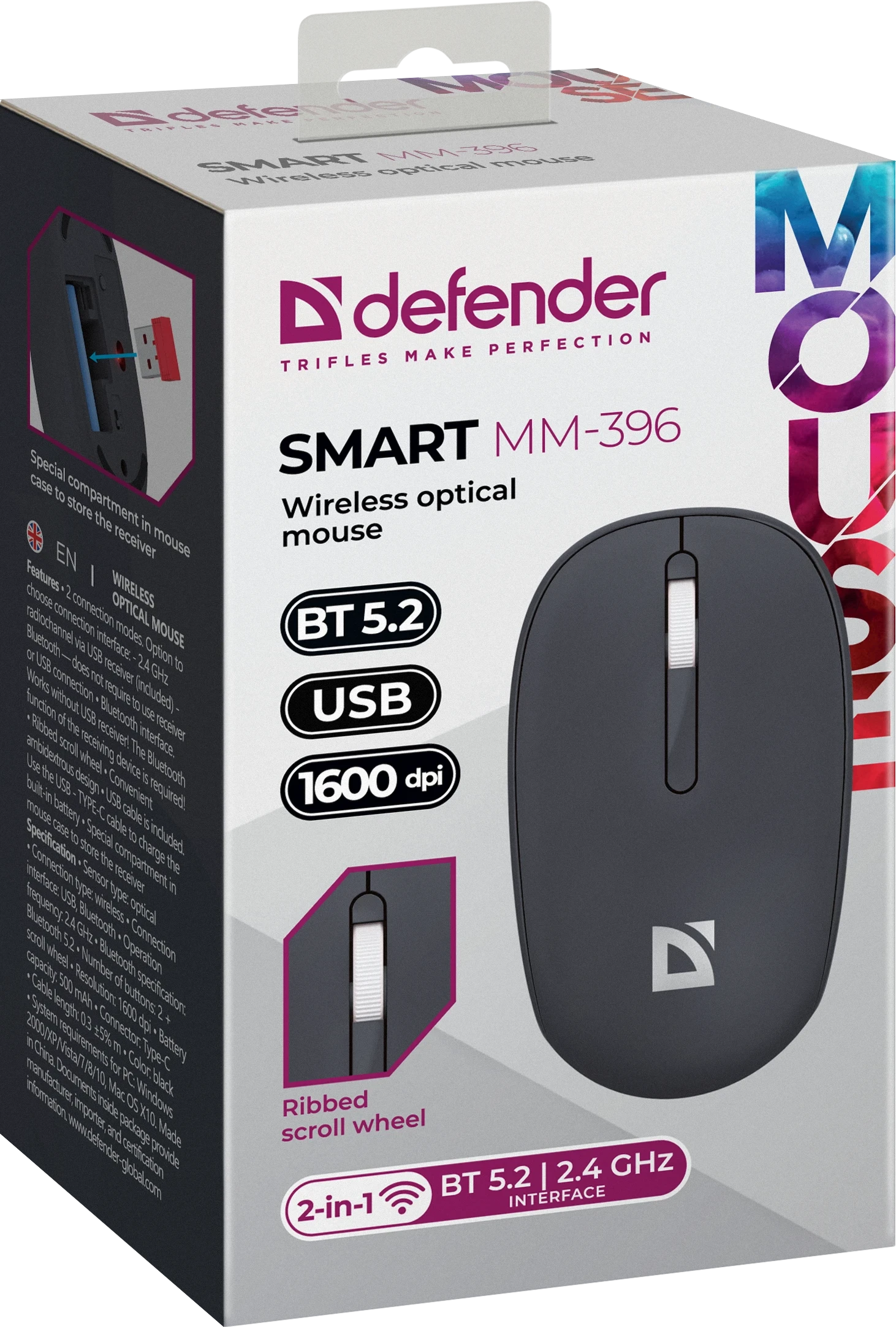 Мышь Defender Smart MM-396, Black, Wireless, Optical, 1600dpi, 500mAh, 2.4GHz, BT, USB — 5