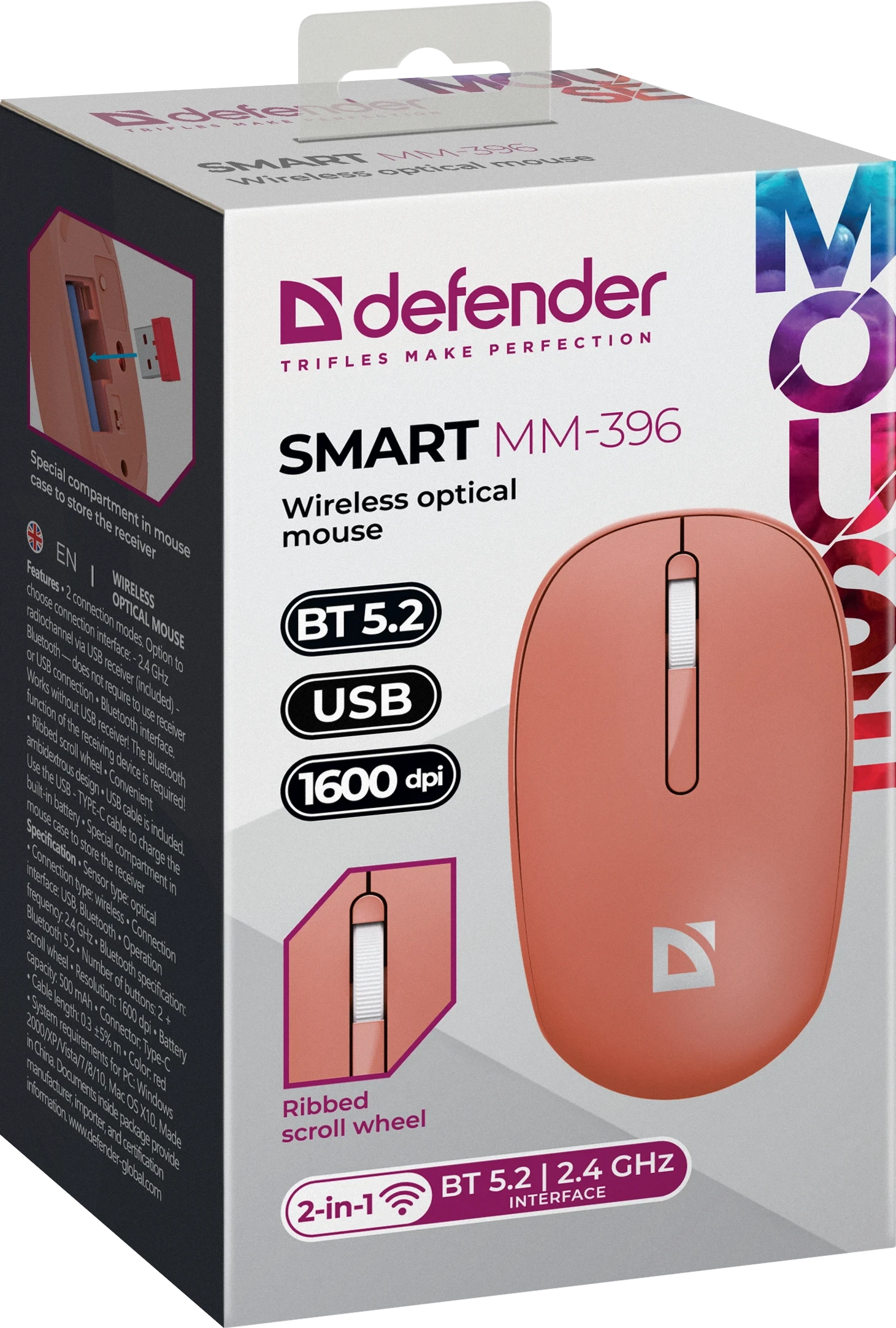 Мышь Defender Smart MM-396, Red, Wireless, Optical, 1600dpi, 500mAh, 2.4GHz, BT, USB — 5