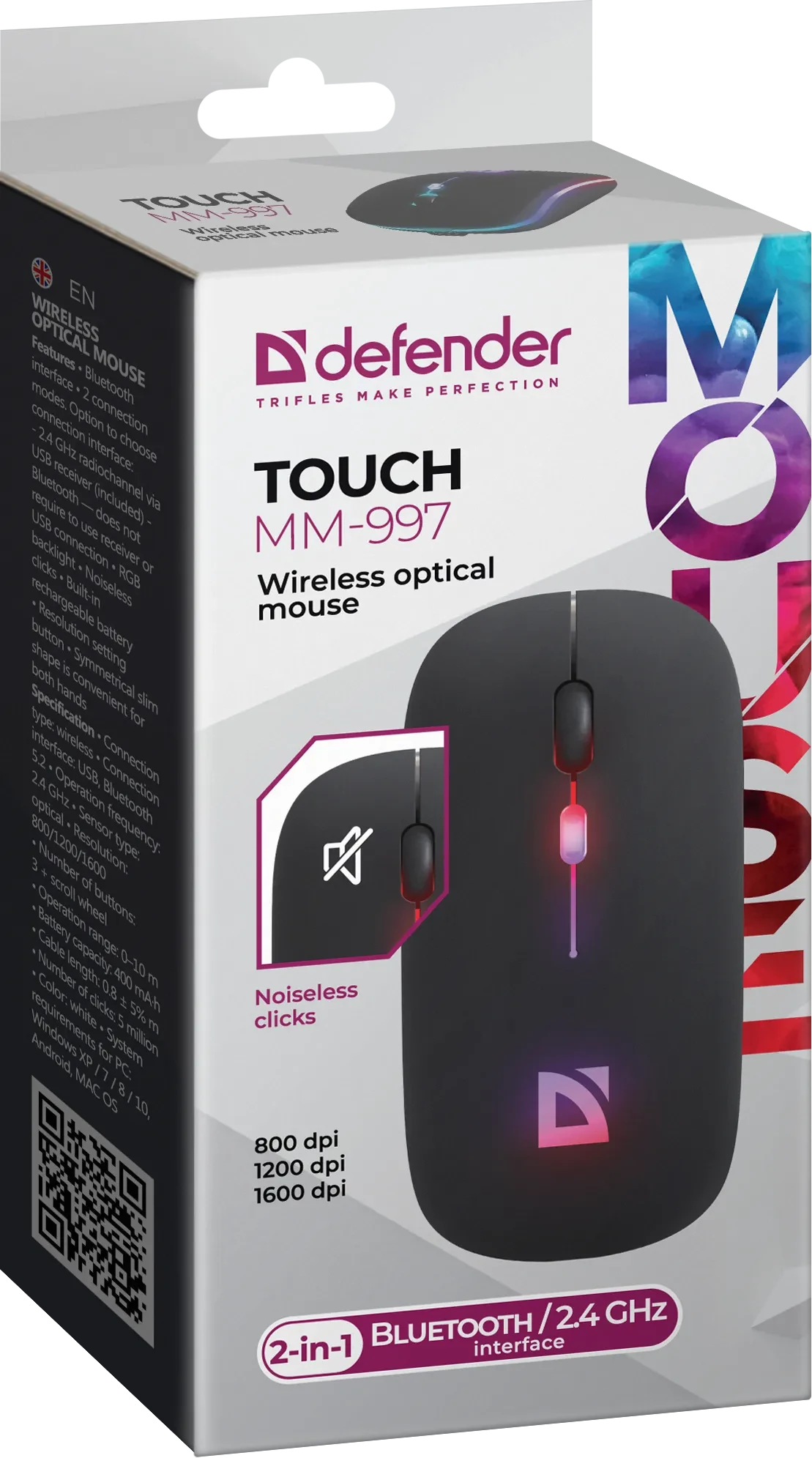 Мышь Defender Touch MM-997, Black, Wireless, Optical, 1600dpi, BT, 2.4GHz, Li-On, USB — 5