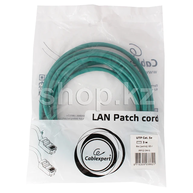 Patch cord RJ-45 5е cat Cablexpert PP12-3M/G, UTP, 3m, Green — 2