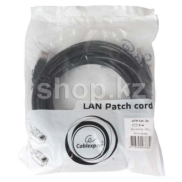 Patch cord RJ-45 5е cat Cablexpert PP12-5M/BK, UTP, 5m, Black — 2