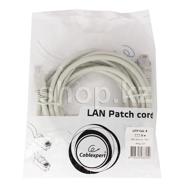 Патч-корд Patch cord RJ-45 6 cat Cablexpert PP6U-5M, UTP, 5m, Grey — 2