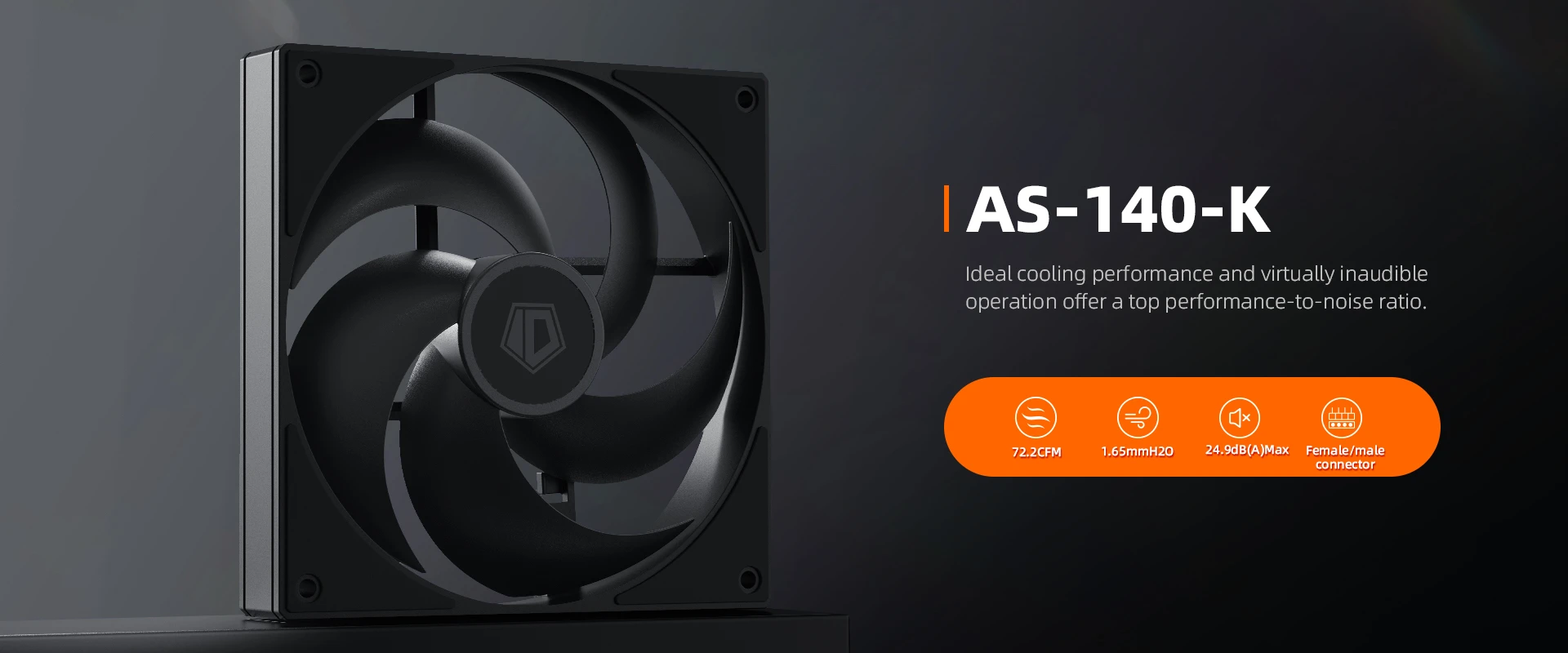 Вентилятор для корпуса ID-Cooling AS-140-K, 14cm, 4pin, 300-1800rpm, 72.2CFM, 24.9dB, Black