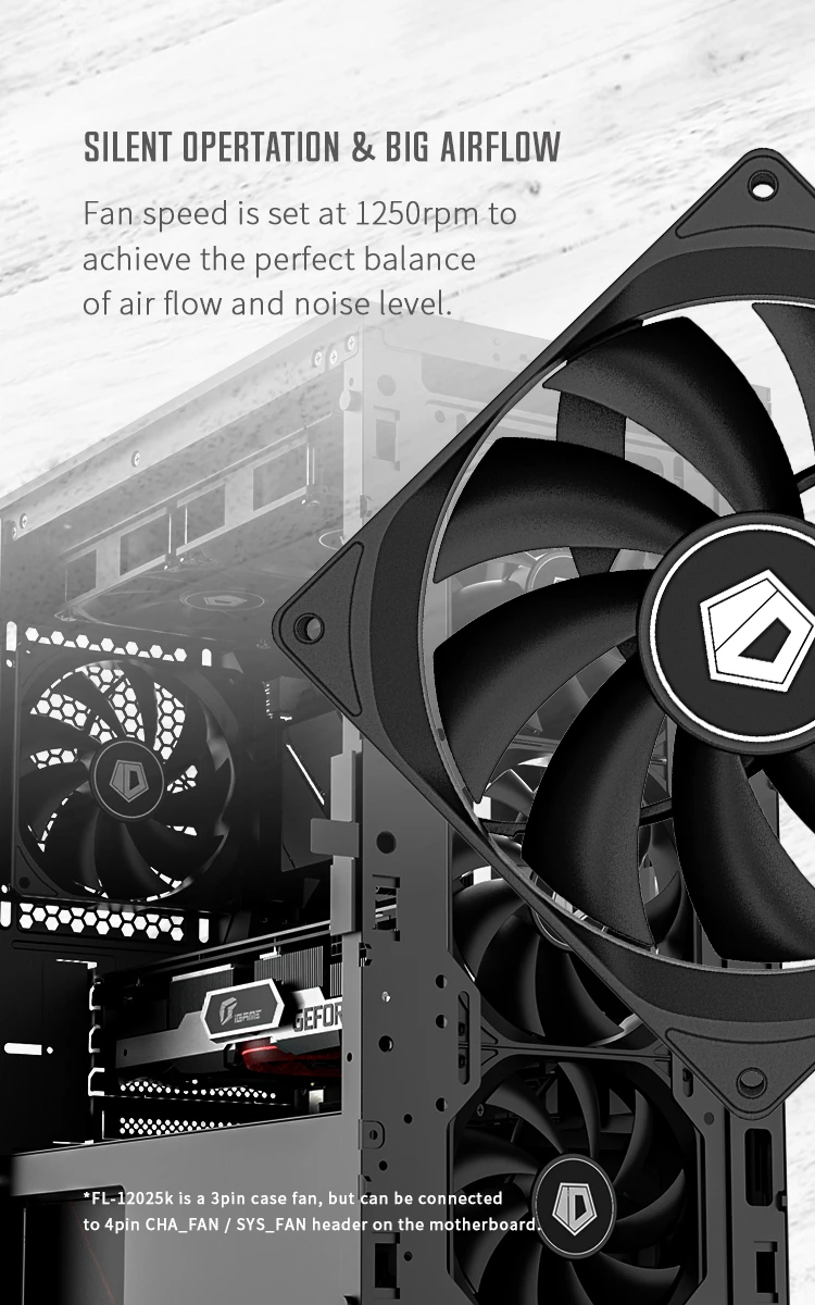 Вентилятор для корпуса ID-Cooling FL-12025K, 12cm, 3pin, 1250rpm, 45CFM, 21dB, Black — 2