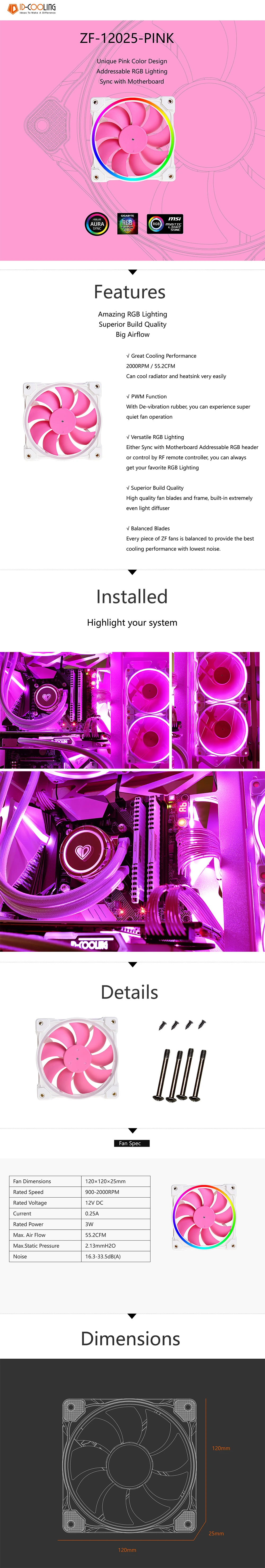 Вентилятор для корпуса ID-Cooling ZF-12025, 12cm, 3+4 pin, 900-2000rpm, 55.2CFM, 33.5dB, Pink