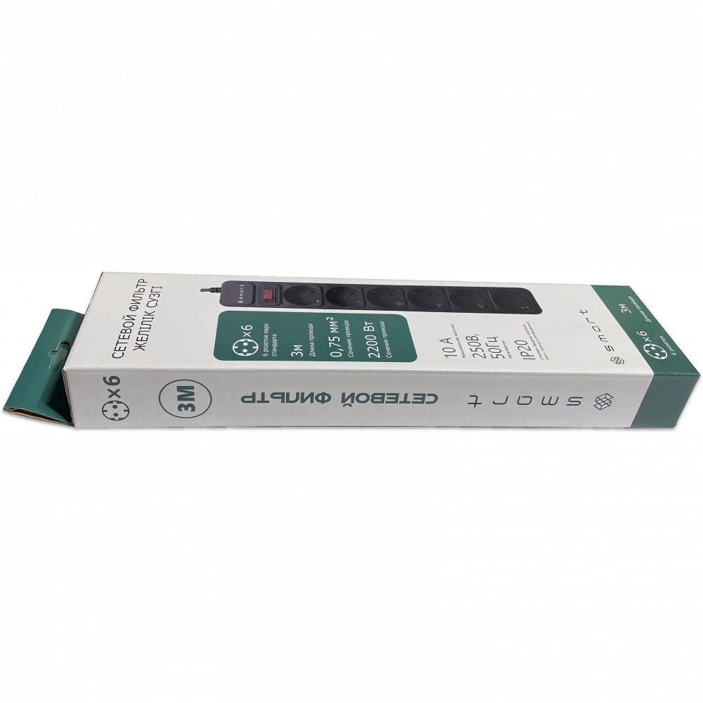 Сетевой фильтр SMART SM-06B-3M, 6 розеток, 3м, Black — 2