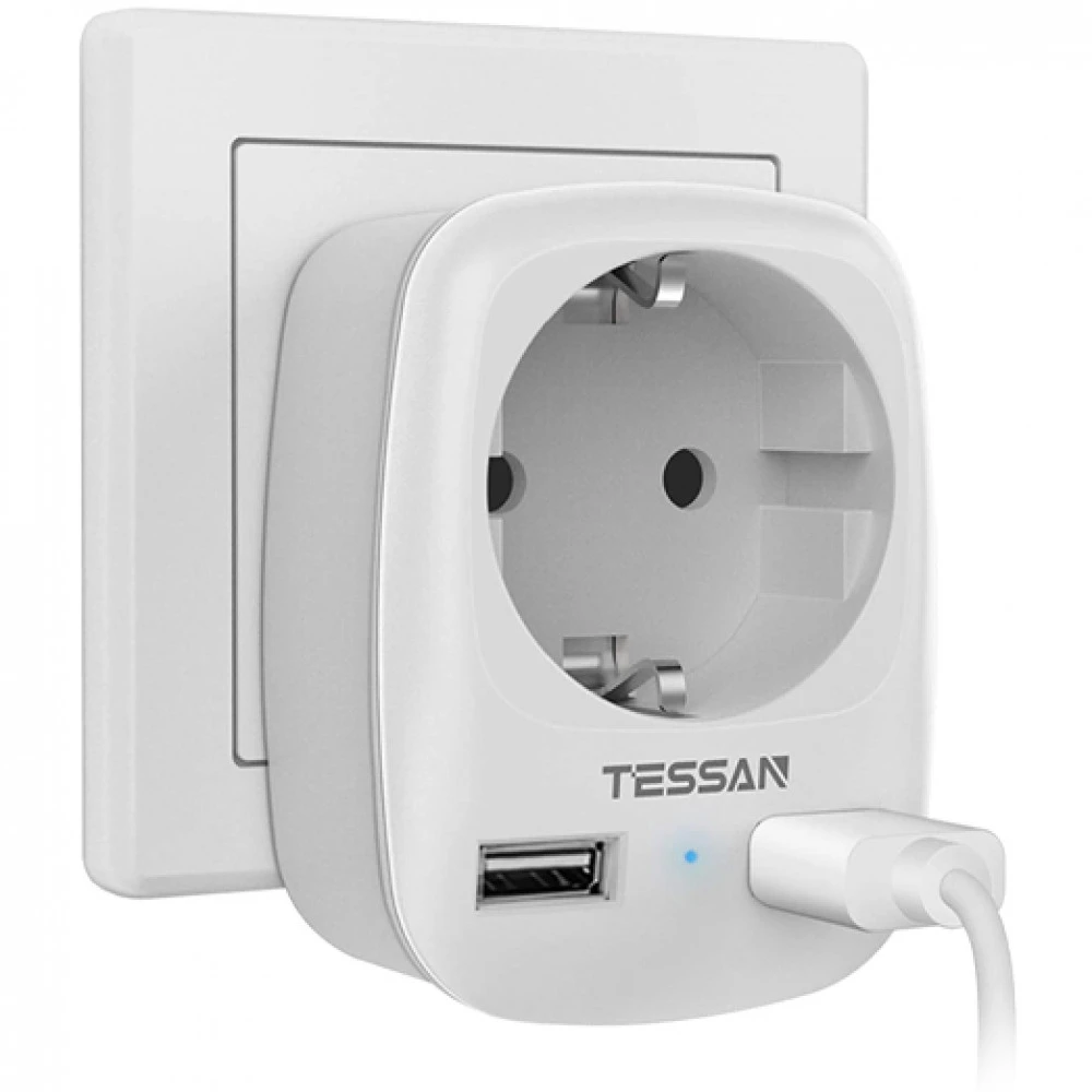 Сетевой фильтр Tessan TS-611-DE, 1 розетка, 2хUSB, Grey