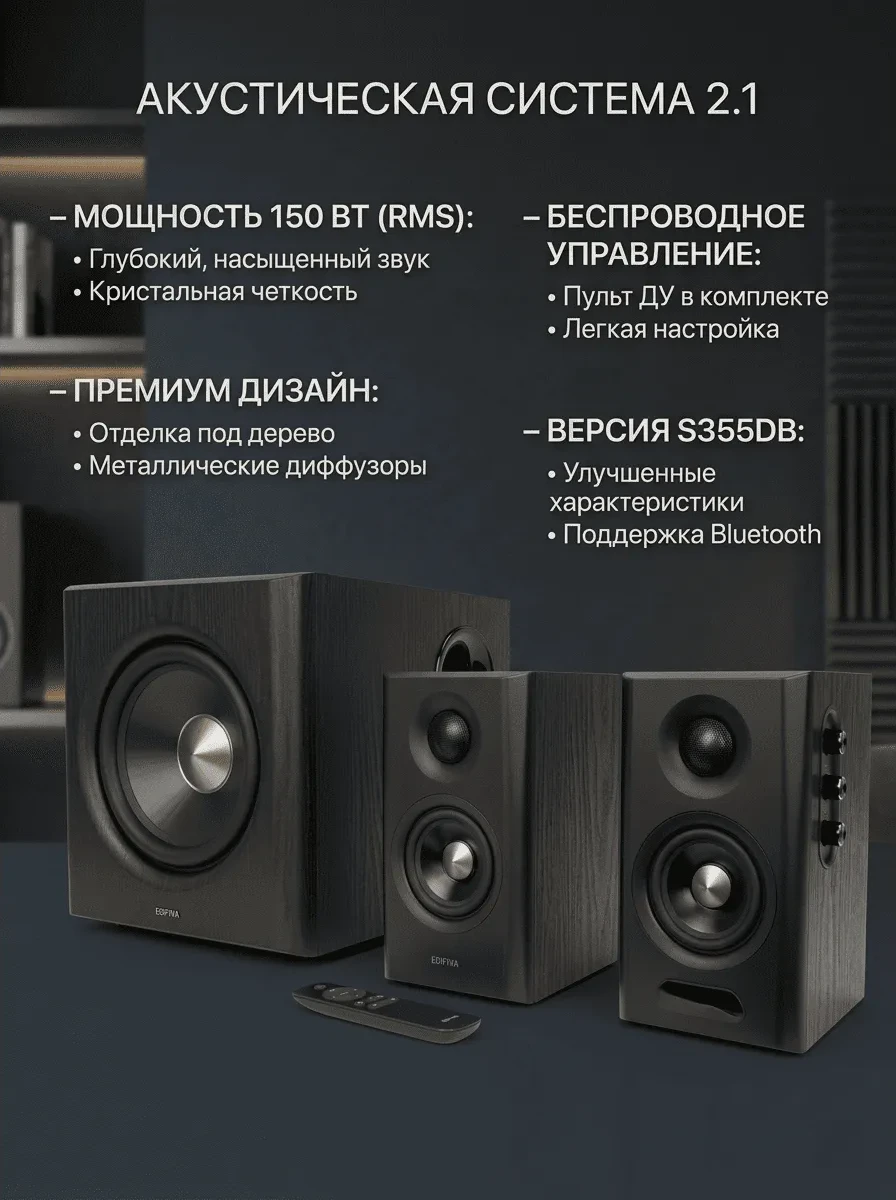 Акустическая система Bluetooth Edifier S355DB Black <2.1, RMS 150ВТ, PC/AUX/OPT/COX/BT, Пульт>
