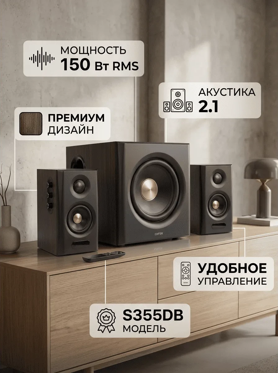 Акустическая система Bluetooth Edifier S355DB Walnut <2.1, RMS 150ВТ, PC/AUX/OPT/COX/BT, Пульт>