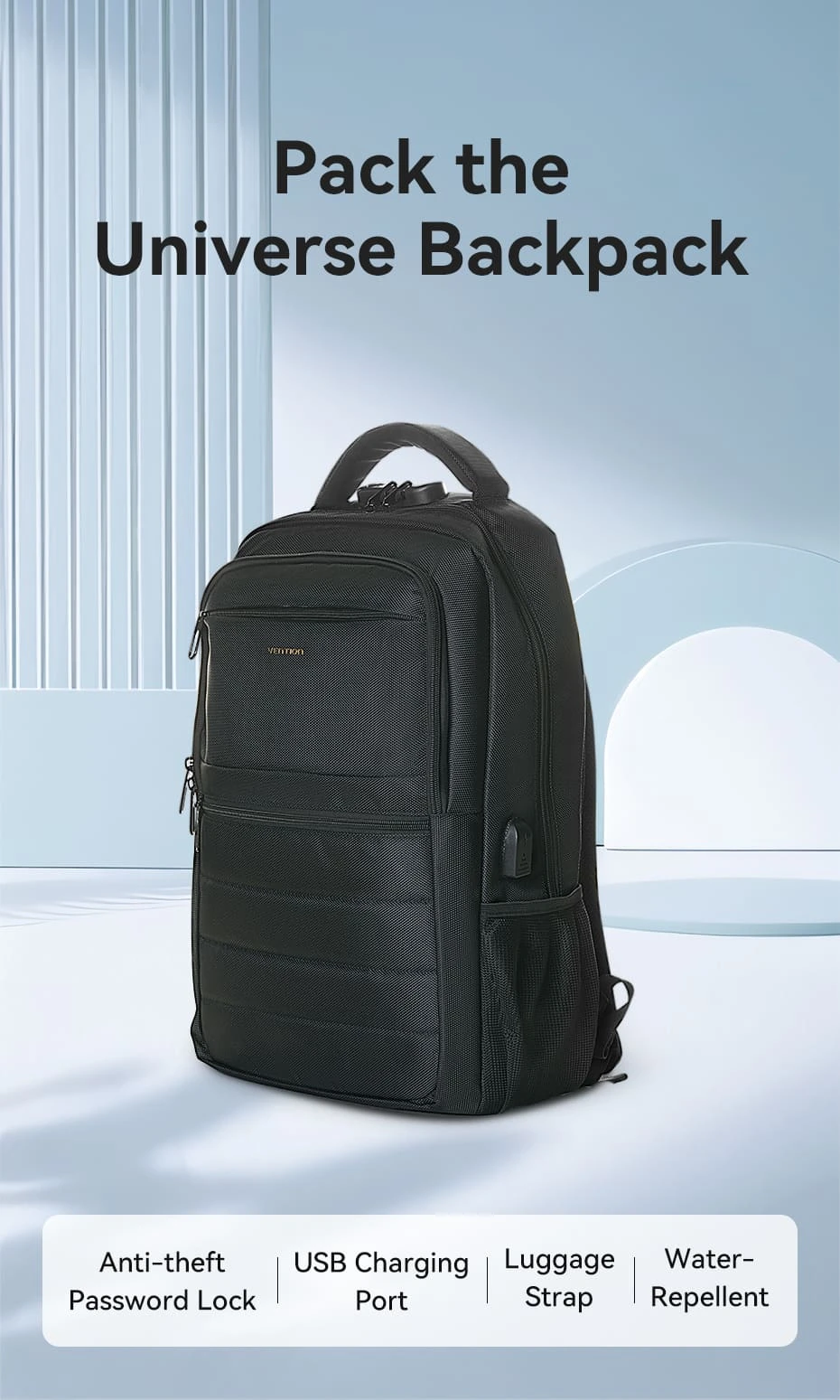 Рюкзак для ноутбука Vention KRQB0-LT <Water-Repellent Laptop Backpack (45cm*30cm*15cm) Black> — 2