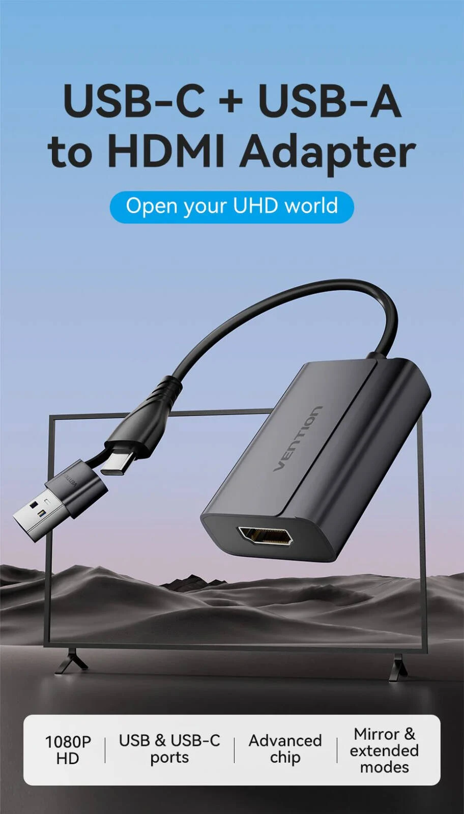 Адаптер USB Vention ACYHB <USB-C + USB-A to HDMI Adapter 0.15M Gray Aluminium Alloy Type> — 2