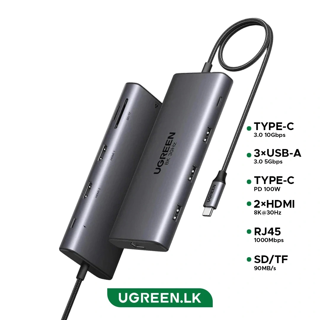 Конвертер UGREEN CM639, USB-C на USB3.0+USB2.0+USB-C+2xHDMI+RJ45+SD/TF+PD