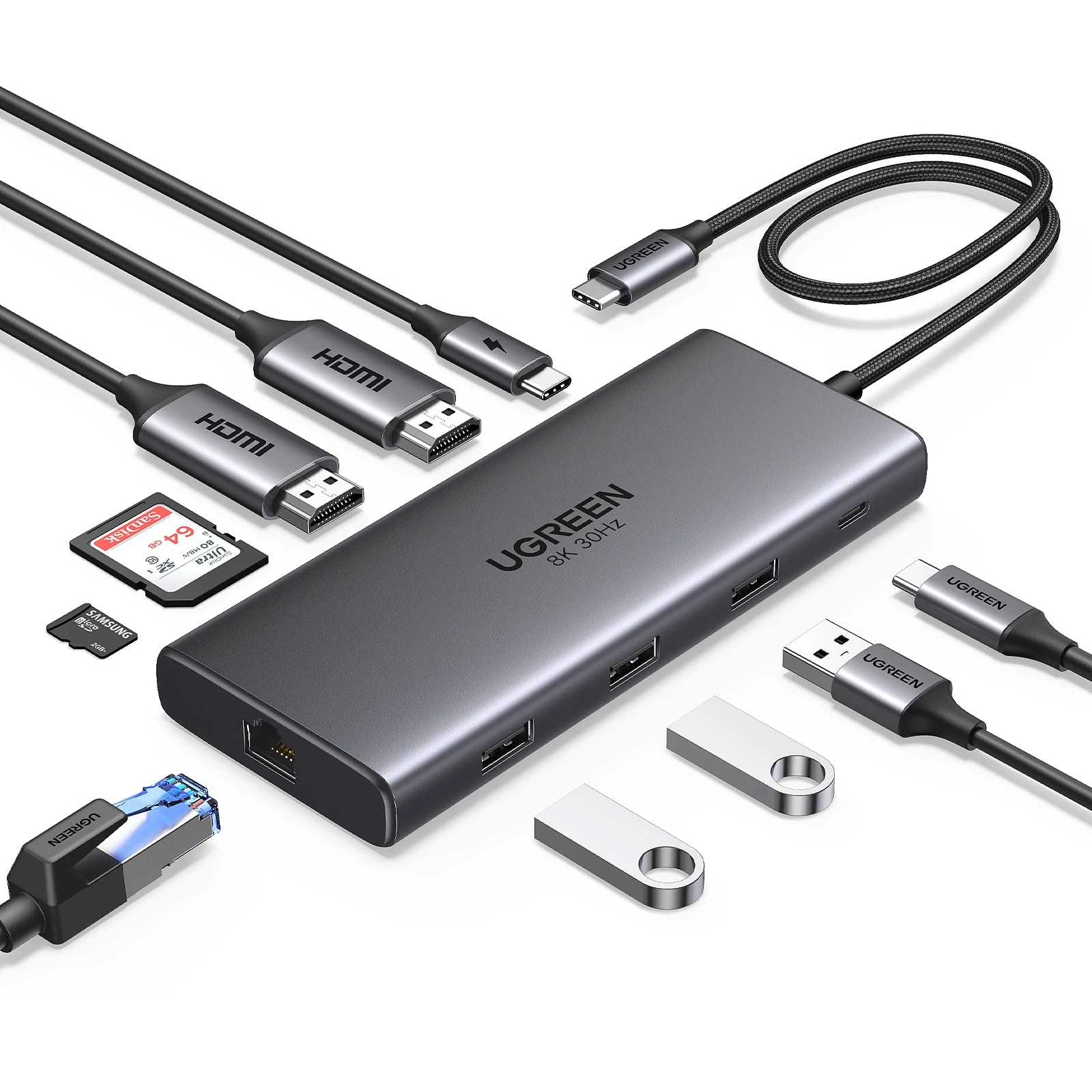 Конвертер UGREEN CM639, USB-C на USB3.0+USB2.0+USB-C+2xHDMI+RJ45+SD/TF+PD — 2