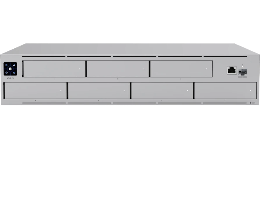 Система хранения данных Ubiquiti UNAS-Pro-EU 2U rack-mount NAS with (7) 2.5/3.5" drive bays and 10 Gbps performance designed for large-scale file storage and sharing, (7) 2.5/3.5" HDD / SSD support, 10G SFP+ uplink and (1) GbE RJ45 port