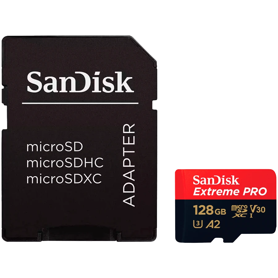 Карта памяти SANDISK Extreme PRO microSDXC 128GB + SD Adapter + 2 years RescuePRO Deluxe up to 200MB/s & 90MB/s Read/Write speeds A2 C10 V30 UHS-I U3