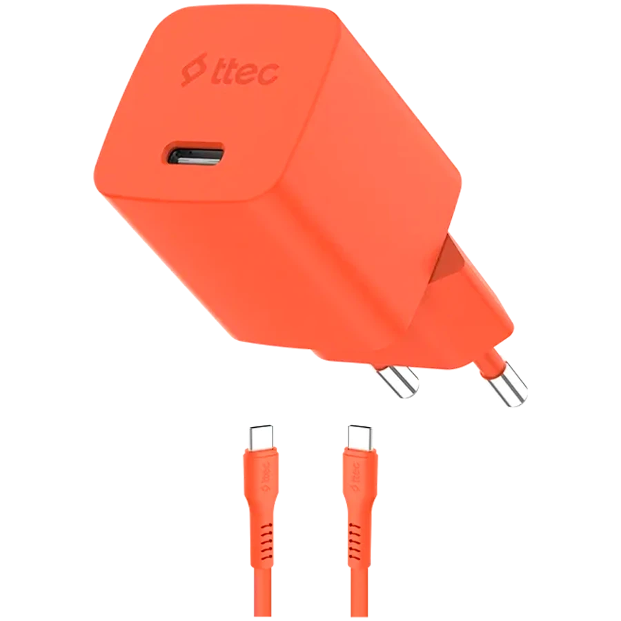 Зарядное устройство ttec SmartCharger GAN 45W PD Travel Fast Charger + USB-C - USB-C 3A Cable Neon Orange