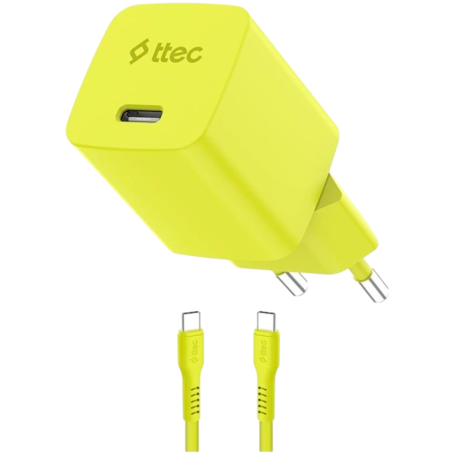 Зарядное устройство ttec SmartCharger GAN 45W PD Travel Fast Charger + USB-C - USB-C 3A Cable Neon Yellow