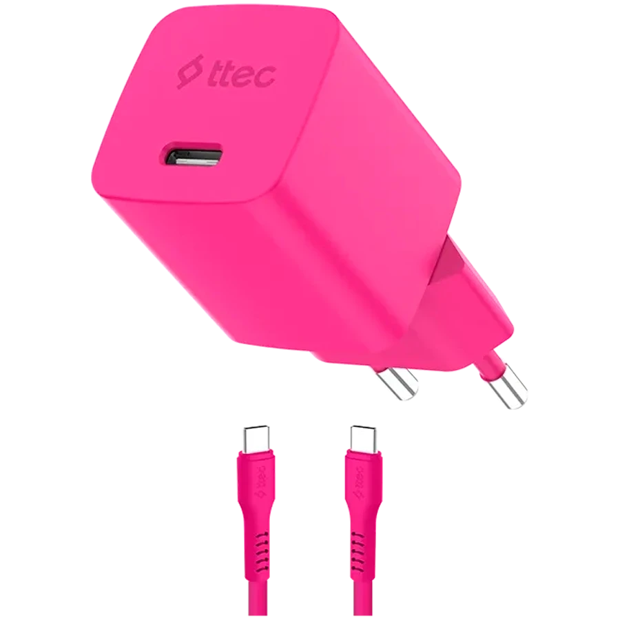 Зарядное устройство ttec SmartCharger GAN 45W PD Travel Fast Charger + USB-C - USB-C 3A Cable Neon Pink