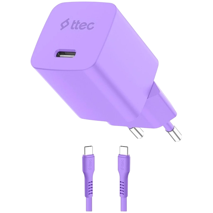 Зарядное устройство ttec SmartCharger GAN 45W PD Travel Fast Charger + USB-C - USB-C 3A Cable Neon Purple