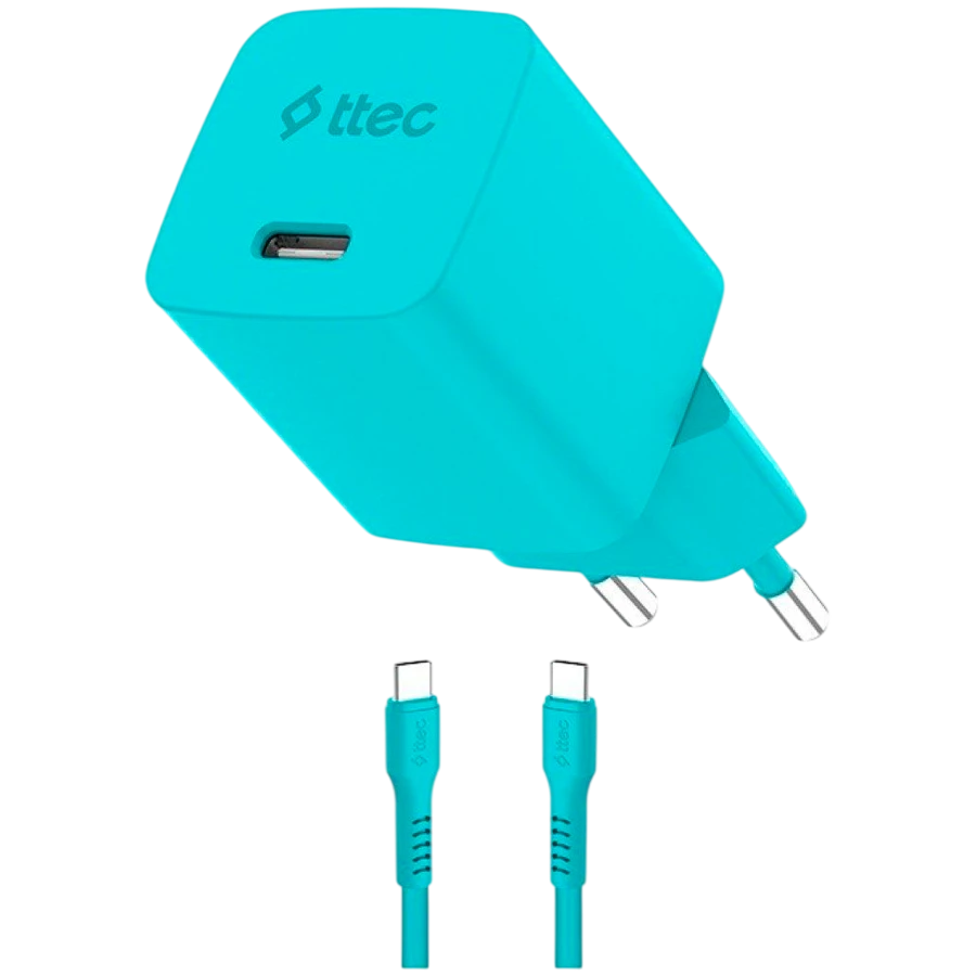 Зарядное устройство ttec SmartCharger GAN 45W PD Travel Fast Charger + USB-C - USB-C 3A Cable Neon Blue