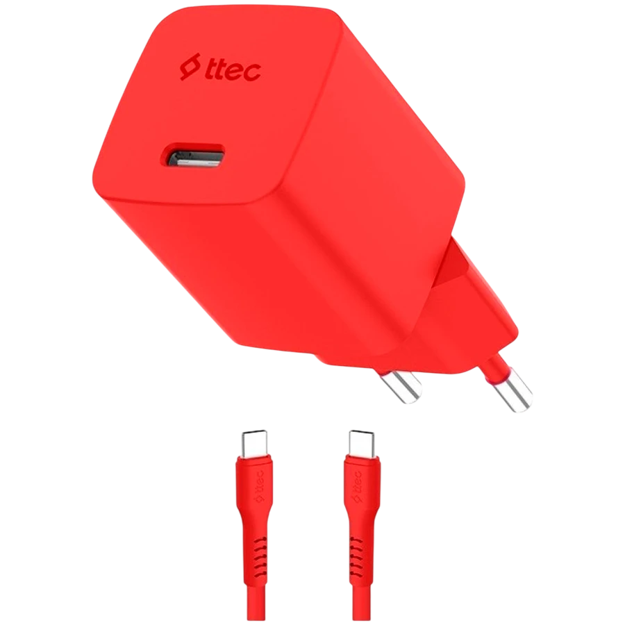 Зарядное устройство ttec SmartCharger GAN 45W PD Travel Fast Charger + USB-C - USB-C 3A Cable Neon Red