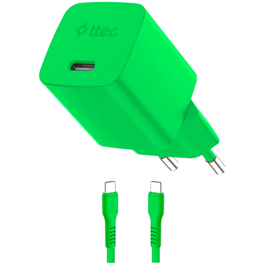 Зарядное устройство ttec SmartCharger GAN 20W PD Travel Fast Charger + USB-C - Lightning Cable 120cm, Neon Green