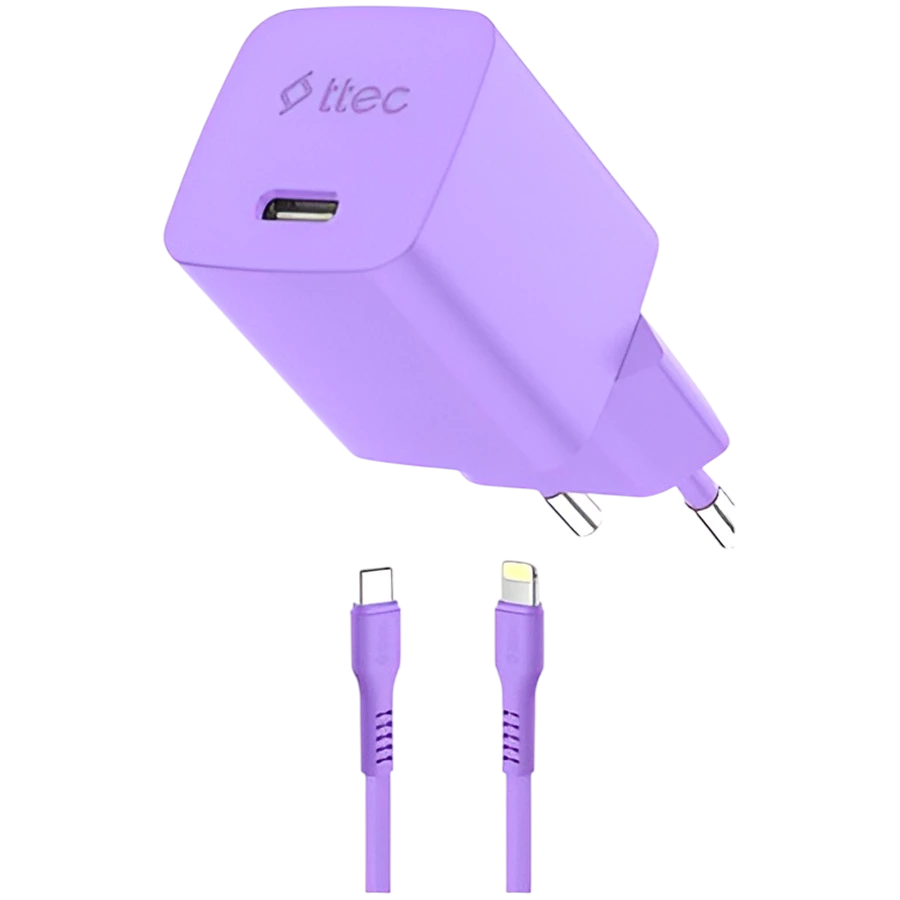 Зарядное устройство ttec SmartCharger GAN 20W PD Travel Fast Charger + USB-C - Lightning Cable 120cm, Neon Purple