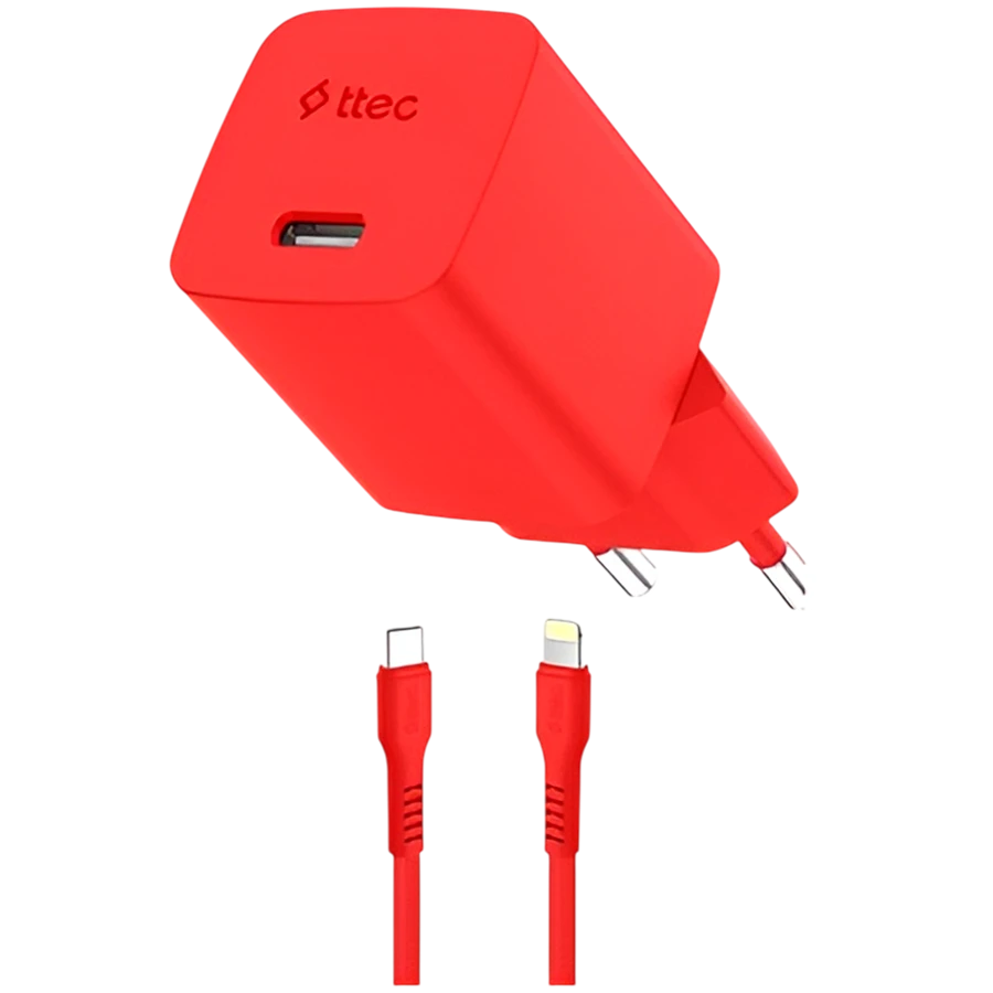 Зарядное устройство ttec SmartCharger GAN 20W PD Travel Fast Charger + USB-C - Lightning Cable 120cm, Neon Red