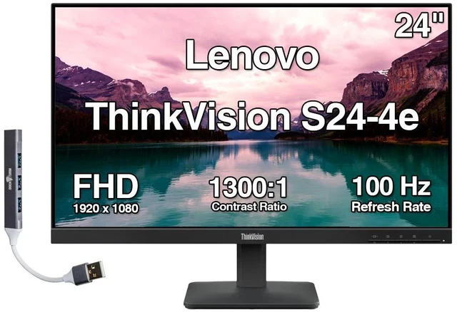 Монитор 23.8" Lenovo ThinkVision S24-4e, Black, IPS, 1920x1080@100Hz, 250кд/м, 1300:1, 4ms, VGA, HDMI