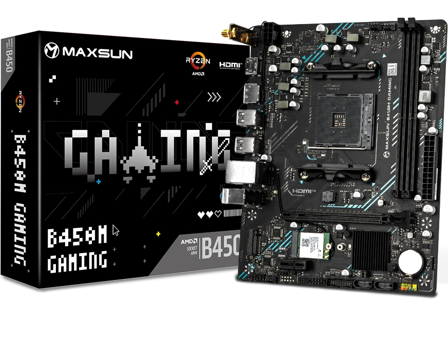 Материнская плата MaxSun MS-B450M GAMING WIFI, AM4, 2xDDR4, HDMI+DP, 2xSATA, 1xM.2, BT4.2, mATX