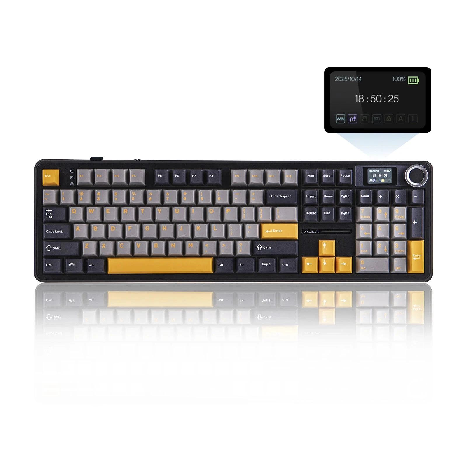 Клавиатура AULA F108 Pro Gray+Yellow, mechanical, Reaper switch, EN/RU/KZ, 2.4/BT/USB-C